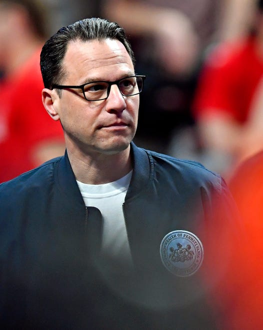 Pennsylvania Gov. Josh Shapiro arrives before Central York takes on Parkland during PIAA Class 6A boys’ basketball championship action at Giant Center in Hershey, Saturday, March 23, 2024. Central York would win the game 53-51. (Dawn J. Sagert/The York Dispatch)