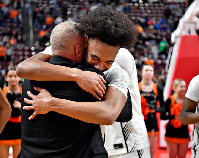 Central York celebrates a 53-51 win over Parkland during PIAA Class 6A boys’ basketball championship action at Giant Center in Hershey, Saturday, March 23, 2024. (Dawn J. Sagert/The York Dispatch)