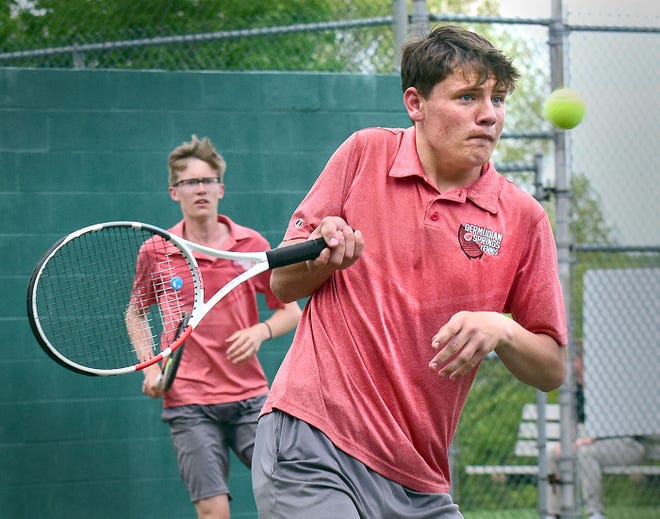 Bermudian Springs' Tyler Chenault, right, and Parker Sanders compete during the final day of the York-Adams League boys' tennis doubles tournament Tuesday, April 30, 2024, at South Western High School in Hanover.