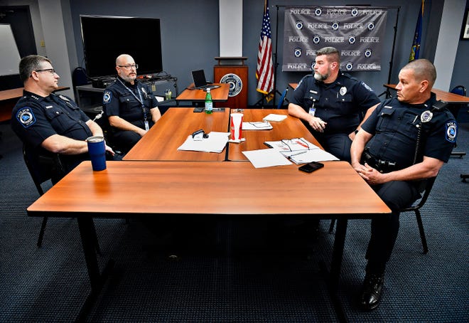 Clockwise from left, Police Chief Tim Damon, Deputy Chief Brian Rizzo, Lt. Art Archambeault and Lt. Ray Krzywulak are shown during an interview with The York Dispatch at York County Regional Police Headquarters in York Township, Wednesday, April 17, 2024. (Dawn J. Sagert/The York Dispatch)