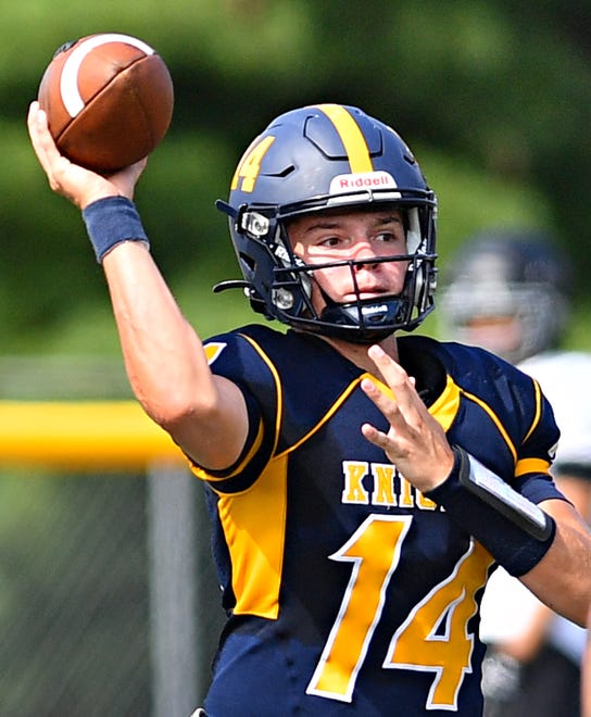 Eastern York’s Quinn Bramble passes the ball during football action against Olney at Eastern York High School in Lower Windsor Township, Saturday, Sept. 9, 2023. Dawn J. Sagert photo