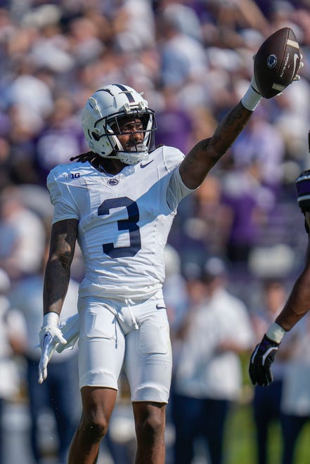 Penn State wide receiver Dante Cephas holds up the ball after a successful catch during the first half of an NCAA college football game against Northwestern, Saturday, Sept. 30, 2023, in Evanston, Ill. (AP Photo/Erin Hooley)