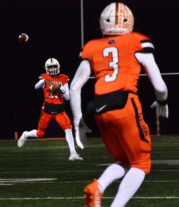 Central York's Brooklyn Nace (17) throws a pass to Ethan Carlos (3) during the Panthers' District 3 Class 6A playoff game against Central Dauphin on Friday, Nov. 10, 2023, in Springettsbury Township. Central York won, 42-34, in a back-and-forth battle.