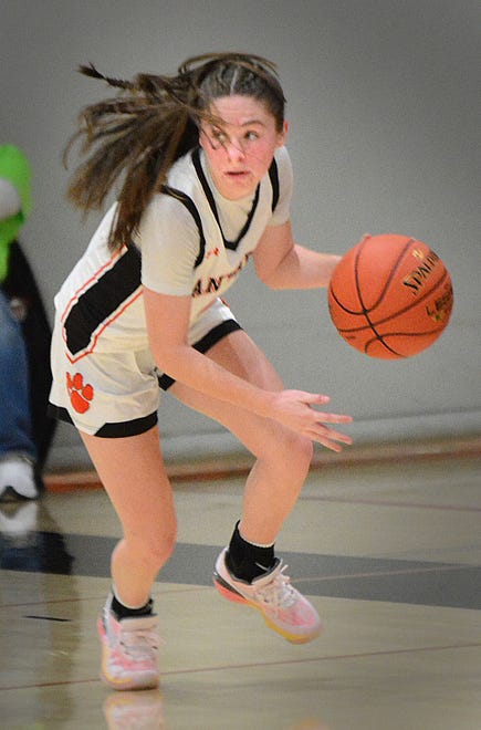 Central York's Kylie Rebert races up the court against Westminster during Panther Holiday Tournament girls' basketball semifinal action on Wednesday, Dec. 27, 2023, at Central York High School. The host Panthers won, 48-30.