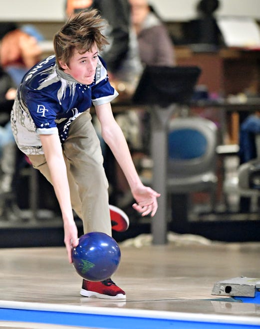 Dallastown’s Conner Ebbert during bowling action against York Tech at Lion Bowling Center in Red Lion, Tuesday, Jan. 9, 2024. (Dawn J. Sagert/The York Dispatch)