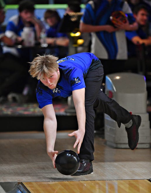 Kennard-Dale’s Gaige Henry during bowling action against Spring Grove at Colony Park Lanes North in York City, Tuesday, Jan. 23, 2024. (Dawn J. Sagert/The York Dispatch)