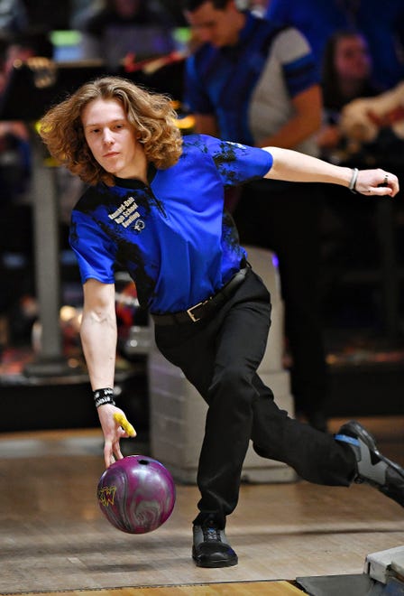 Kennard-Dale’s Caleb Parkes during bowling action against Spring Grove at Colony Park Lanes North in York City, Tuesday, Jan. 23, 2024. (Dawn J. Sagert/The York Dispatch)