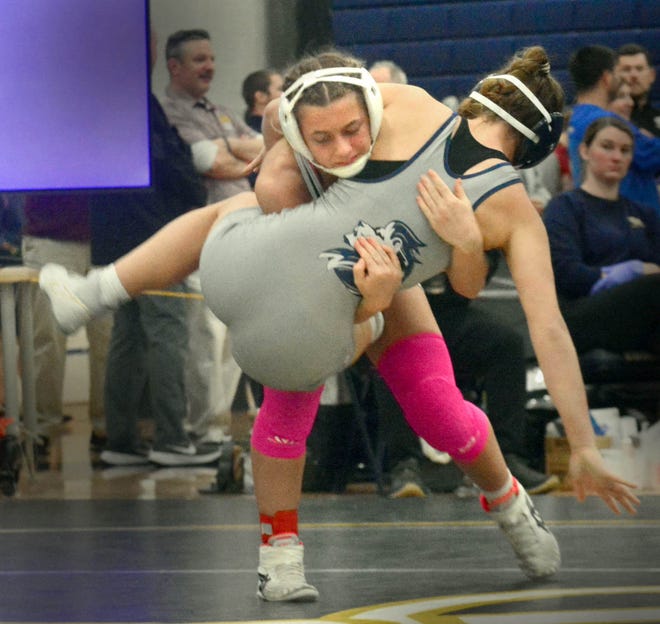 South Western's Tatum Duckworth, back, won by fall over Emmalee Sabo of Camp Hill in the 124-pound semifinals at the PIAA District 3 girls' wrestling tournament at Penn Manor High School in Millersville on Saturday, March 2, 2024.