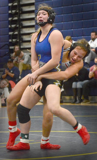South Western's Angel Upright, right, won a 2-1 decision over Annabelle Tracey of Waynesboro in the 136-pound class at the PIAA District 3 girls' wrestling tournament at Penn Manor High School in Millersville on Saturday, March 2, 2024.
