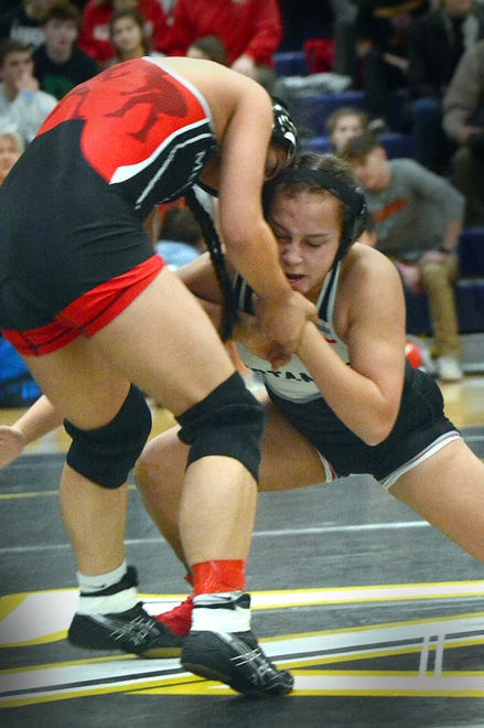 South Western's Angel Upright, right, and McCaskey's Kaleia Timko face off in the 136-pound class at the PIAA District 3 girls' wrestling tournament at Penn Manor High School in Millersville on Saturday, March 2, 2024.