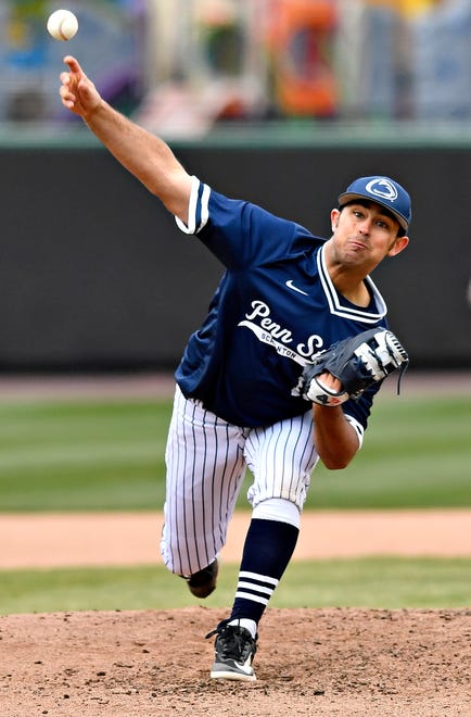 Penn State Scranton’s Donald Healey pitches against Penn State York during baseball action at WellSpan Park in York City, Friday, March 22, 2024. Penn State York would win the first game in the afternoon doubleheader 4-1. (Dawn J. Sagert/The York Dispatch)