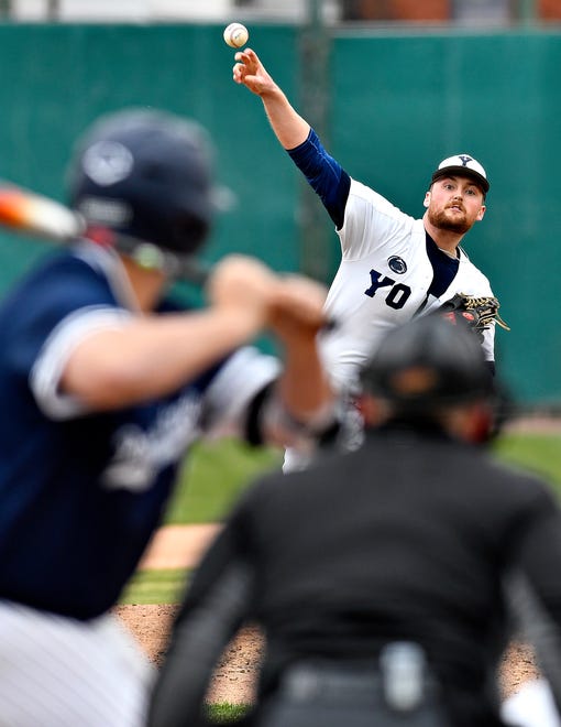 Penn State York’s Cole Sinnott, back, pitches against Penn State Scranton during baseball action at WellSpan Park in York City, Friday, March 22, 2024. Penn State York would win the first game in the doubleheader 4-1. (Dawn J. Sagert/The York Dispatch)