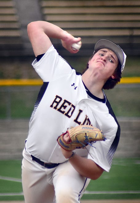 Red Lion starting pitcher AJ Lipscomb throws during a York-Adams Division I baseball game against Northeastern on Wednesday, April 10, 2024, at Red Lion High School. The Lions rallied from a slow start to win, 7-2.