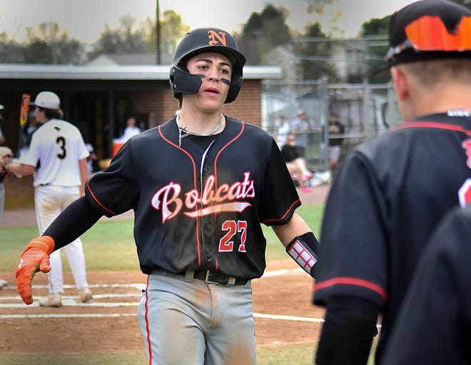 Northeastern's Brandt Johnson (27) greets teammates after scoring a run against Red Lion during a York-Adams Division I baseball game Wednesday, April 10, 2024, at Red Lion High School. The Lions rallied from a slow start to win, 7-2.