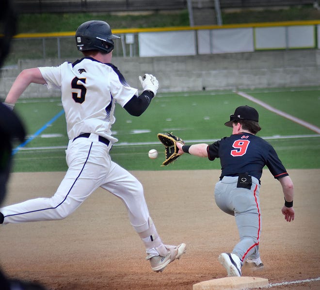 Red Lion's Lane Heuer sprints to first base during a York-Adams Division I baseball game against Northeastern on Wednesday, April 10, 2024, at Red Lion High School. The Lions rallied from a slow start to win, 7-2.