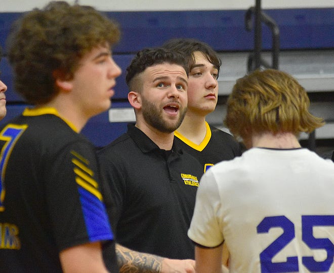 Kennard-Dale boys' volleyball huddles up during York-Adams League boys' volleyball action Thursday, April 11, 2024, at New Oxford. The Colonials swept the Rams, 3-0.