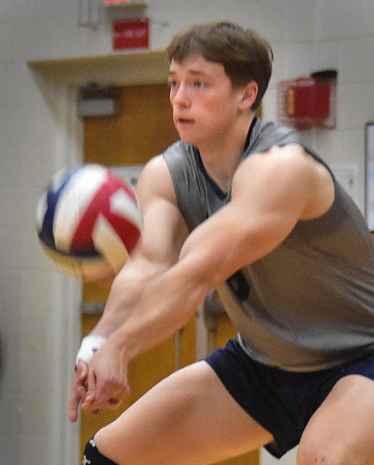 Kennard-Dale battles New Oxford in York-Adams League boys' volleyball action Thursday, April 11, 2024, at New Oxford. The host Colonials swept the Rams, 3-0.