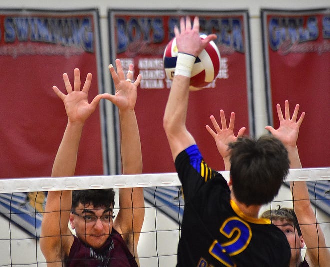 Kennard-Dale battles New Oxford in York-Adams League boys' volleyball action Thursday, April 11, 2024, at New Oxford. The host Colonials swept the Rams, 3-0.Host New Oxford pummeled Kennard Dale, 3-0, Thursday, April 11. Photo by Bil Bowden