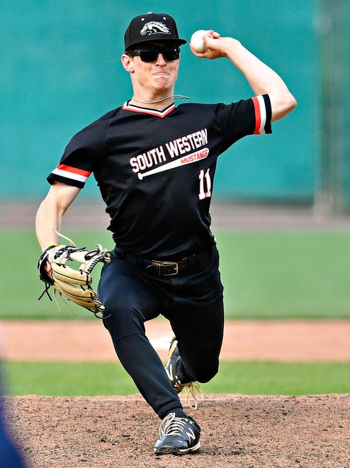 South Western’s Landen Eyster pitches against Central York during the Crushing Cancer baseball fundraising event at WellSpan Park in York City, Friday, April 12, 2024. South Western would win the game 7-2. (Dawn J. Sagert/The York Dispatch)