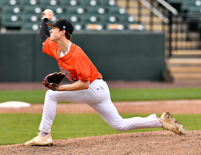 Central York’s Evan Groff pitches against South Western during the Crushing Cancer baseball fundraising event at WellSpan Park in York City, Friday, April 12, 2024. South Western would win the game 7-2. (Dawn J. Sagert/The York Dispatch)