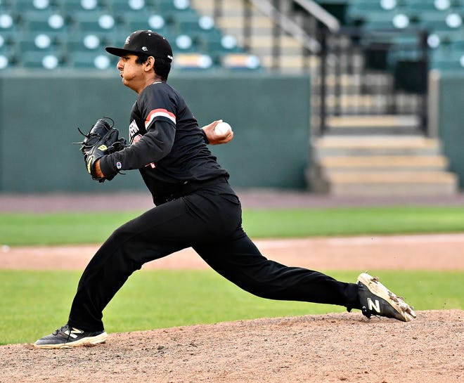South Western’s Amanjeet Turka pitches against Central York during the Crushing Cancer baseball fundraising event at WellSpan Park in York City, Friday, April 12, 2024. South Western would win the game 7-2. (Dawn J. Sagert/The York Dispatch)