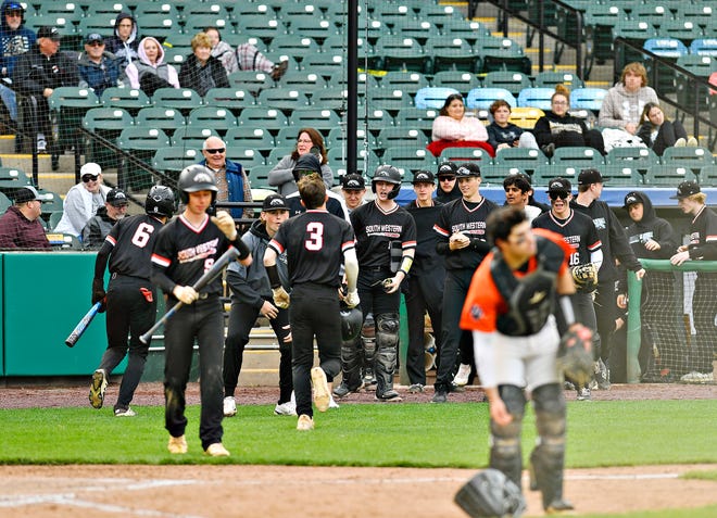 South Western celebrates during the Crushing Cancer baseball fundraising event game action against Central York at WellSpan Park in York City, Friday, April 12, 2024. South Western would win the game 7-2. (Dawn J. Sagert/The York Dispatch)