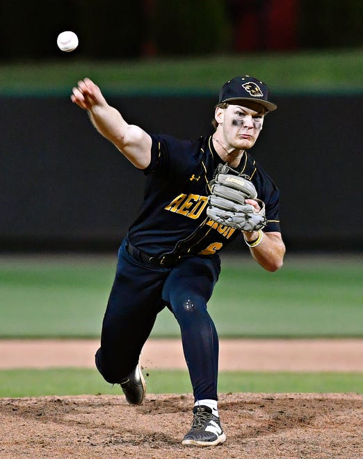Red Lion’s Austin Ozarowski pitches against Dallastown during the Crushing Cancer baseball fundraising event at WellSpan Park in York City, Friday, April 12, 2024. (Dawn J. Sagert/The York Dispatch)
