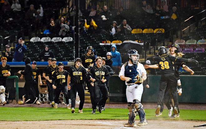 Red Lion celebrates after Jeremiah Morales scores a run during the Crushing Cancer baseball fundraising event action against Dallastown at WellSpan Park in York City, Friday, April 12, 2024. (Dawn J. Sagert/The York Dispatch)