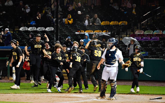 Red Lion celebrates during the Crushing Cancer baseball fundraising event action against Dallastown at WellSpan Park in York City, Friday, April 12, 2024. (Dawn J. Sagert/The York Dispatch)