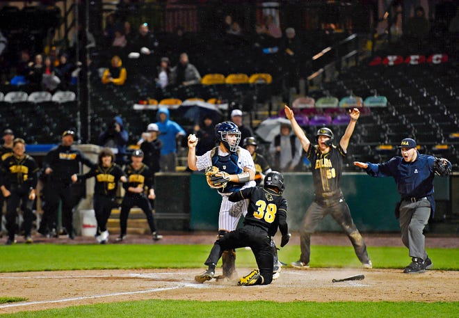 Red Lion’s Jeremiah Morales scores a run during the Crushing Cancer baseball fundraising event action against Dallastown at WellSpan Park in York City, Friday, April 12, 2024. (Dawn J. Sagert/The York Dispatch)