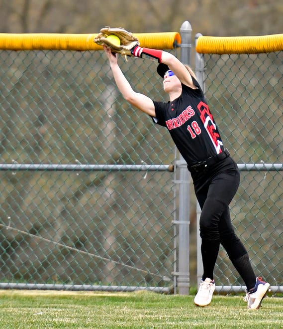 Susquehannock’s Allison Karst catches the ball for an out during softball action against South Western at Susquehannock High School in Shrewsbury Township, Wednesday, April 17, 2024. South Western would win the game 8-0. (Dawn J. Sagert/The York Dispatch)