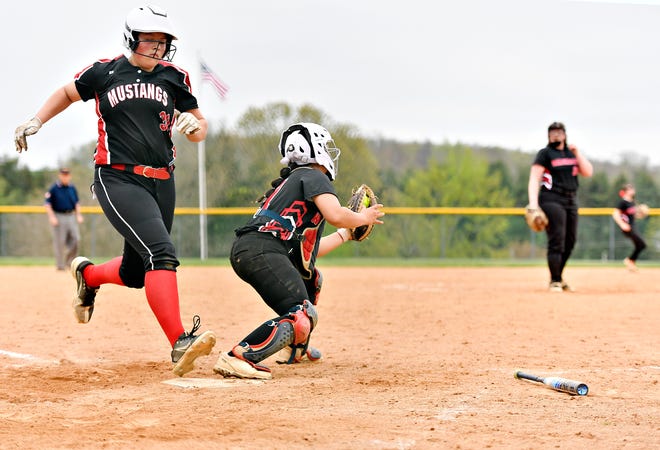 Susquehannock’s Amaya Wheeler, right, catches the ball at home to out South Western’s Kelsey Smith during softball action at Susquehannock High School in Shrewsbury Township, Wednesday, April 17, 2024. South Western would win the game 8-0. (Dawn J. Sagert/The York Dispatch)