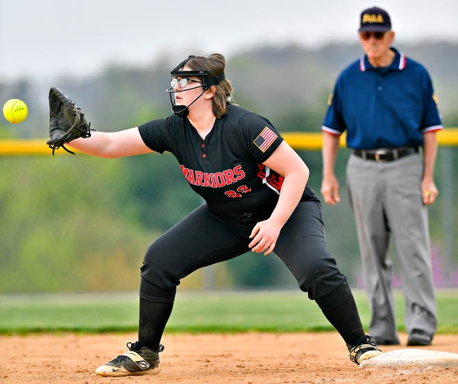 Susquehannock’s Kara Paterniti catches the ball for an out at first during softball action against South Western at Susquehannock High School in Shrewsbury Township, Wednesday, April 17, 2024. South Western would win the game 8-0. (Dawn J. Sagert/The York Dispatch)