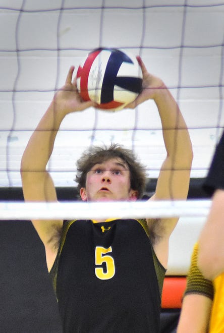 Red Lion's Justin Fry returns serve against York Suburban during York-Adams League boys' volleyball action Wednesday, April 17, 2024, at York Suburban High School. The visiting Lions earned a 3-0 sweep of the Trojans.