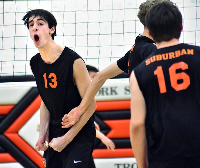 York Suburban's Billy Doyle (13) reacts during York-Adams League boys' volleyball action against Red Lion on Wednesday, April 17, 2024, at York Suburban High School. The visiting Lions earned a 3-0 sweep of the Trojans.