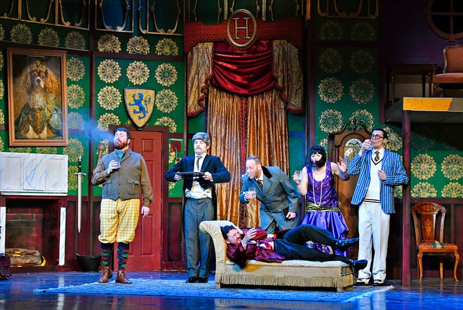Clockwise from left, Robert Grove as Thomas Colleymoore (Wesley Hemmann), Dennis Tyde as Perkins (Dylan Staub), Chris Bean as Inspector Carter & “Director” (Chris D’Imperio), Sandra Wilkinson as Florence Collleymore (Makaley Warner), Max Bennett as Cecil Haversham (Tree Layton Zuzzio), and Jonathan Harris as Charles Haversham (Mike McGuinness) during dress rehearsal for The Play That Goes Wrong at The Belmont Theatre in Spring Garden Township, Wednesday, April 17, 2024. The show runs April 19-21, 25-28. For details, go to www.thebelmont.org. (Dawn J. Sagert/The York Dispatch)