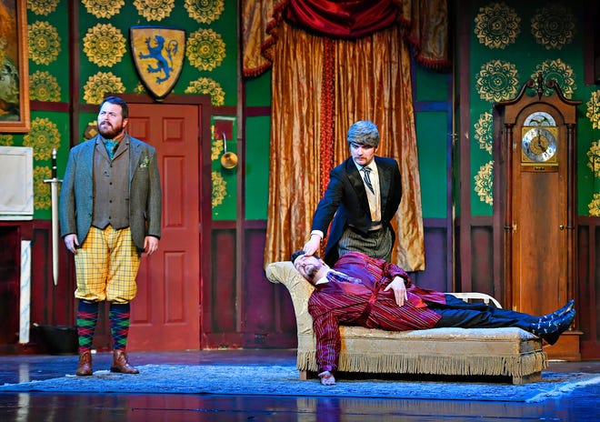 Clockwise from left, Robert Grove as Thomas Colleymoore (Wesley Hemmann), Dennis Tyde as Perkins (Dylan Staub), and Jonathan Harris as Charles Haversham (Mike McGuinness) during dress rehearsal for The Play That Goes Wrong at The Belmont Theatre in Spring Garden Township, Wednesday, April 17, 2024. The show runs April 19-21, 25-28. For details, go to www.thebelmont.org. (Dawn J. Sagert/The York Dispatch)
