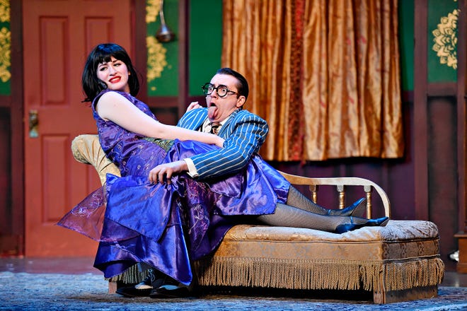 Florence Collleymore (Makaley Warner), left, and Max Bennett as Cecil Haversham (Tree Layton Zuzzio) during dress rehearsal for The Play That Goes Wrong at The Belmont Theatre in Spring Garden Township, Wednesday, April 17, 2024. The show runs April 19-21, 25-28. For details, go to www.thebelmont.org. (Dawn J. Sagert/The York Dispatch)