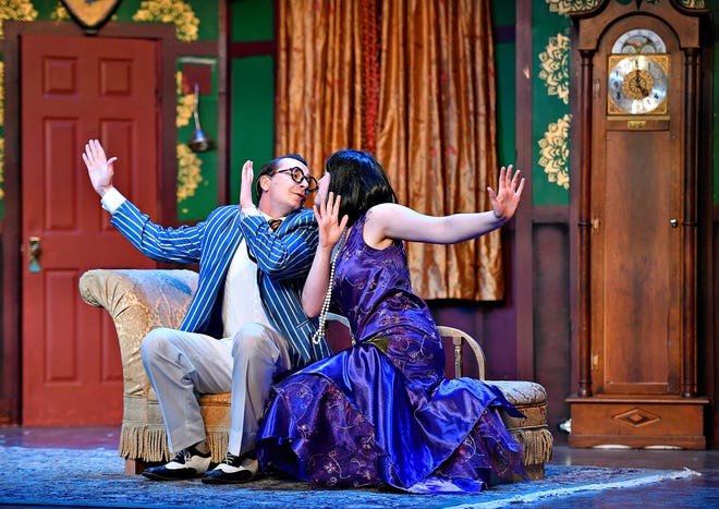 Max Bennett as Cecil Haversham (Tree Layton Zuzzio), left, and Florence Collleymore (Makaley Warner) during dress rehearsal for The Play That Goes Wrong at The Belmont Theatre in Spring Garden Township, Wednesday, April 17, 2024. The show runs April 19-21, 25-28. For details, go to www.thebelmont.org. (Dawn J. Sagert/The York Dispatch)