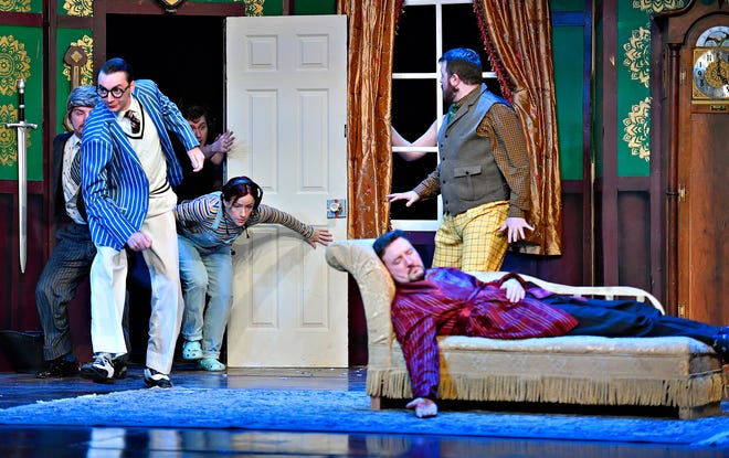 Dress rehearsal for The Play That Goes Wrong at The Belmont Theatre in Spring Garden Township, Wednesday, April 17, 2024. The show runs April 19-21, 25-28. For details, go to www.thebelmont.org. (Dawn J. Sagert/The York Dispatch)
