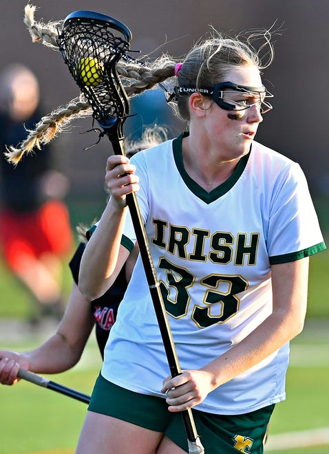 York Catholic’s Sarah Perry controls the ball during girls’ lacrosse action against Susquehannock at York Catholic High School in York City, Thursday, April 18, 2024. York Catholic would win the game 8-4. (Dawn J. Sagert/The York Dispatch)