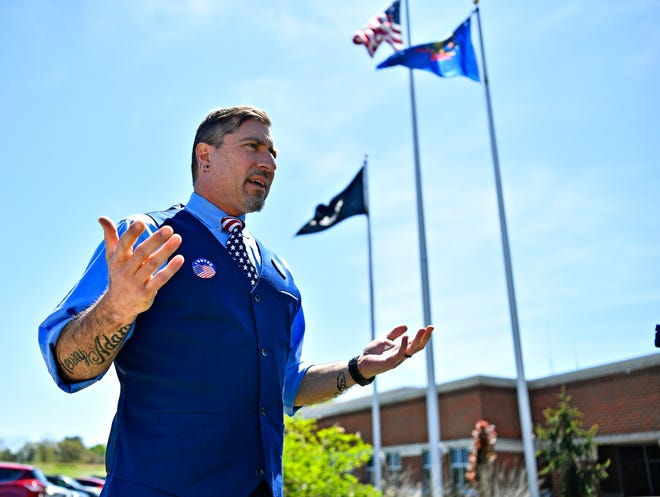 Mark Temons, Democratic candidate for State Senate, is shown outside of the Manchester Township Building during Primary Election Day in Manchester Township, Tuesday, April 23, 2024. (Dawn J. Sagert/The York Dispatch)