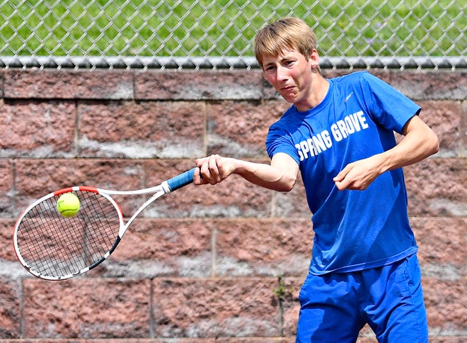 Spring Grove’s James Raub during YAIAA boys’ 3A singles tennis tournament action at Red Lion Area Senior High School in Red Lion, Thursday, April 25, 2024. (Dawn J. Sagert/The York Dispatch)