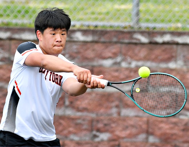 Central York’s Andrew Gao during YAIAA boys’ 3A singles tennis tournament action at Red Lion Area Senior High School in Red Lion, Thursday, April 25, 2024. (Dawn J. Sagert/The York Dispatch)