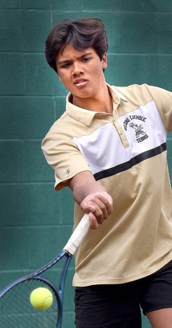 Delone Catholic's Collin Kuhn during Day 1 of the York-Adams League boys' tennis Class 2A singles tournament Thursday, April 25, 2024, at South Western High School in Hanover.