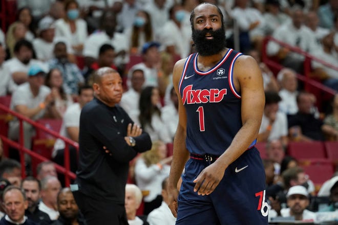 Philadelphia 76ers guard James Harden (1) complains about a call during the second half of Game 1 of an NBA basketball second-round playoff series against the Miami Heat, Monday, May 2, 2022, in Miami. (AP Photo/Marta Lavandier)