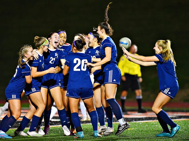 Dallastown celebrates a goal during YAIAA girls’ soccer championship action against South Western at Northeastern High School in East Manchester Township, Saturday, Oct. 22, 2022. Dallastown would win the game 1-0. Dawn J. Sagert/The York Dispatch