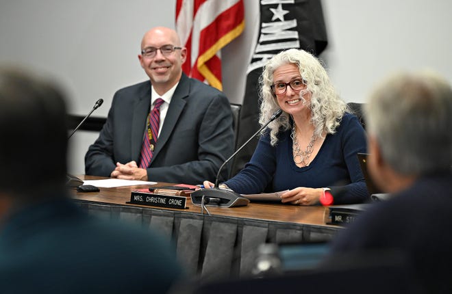Acting Superintendent Eric Wilson, left, and Board President Christine Crone during Red Lion Area School District’s Board of School Directors meeting at Red Lion Area Education Center in Windsor Township,Thursday, Nov. 17, 2022.  Dawn J. Sagert photo